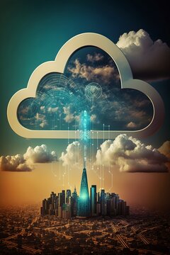 illustration, cloud computing connects smart city wireless technology ,generative ai