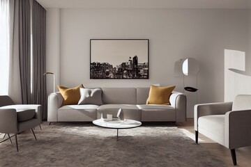 Elegant and comfortable designed living room with big corner sofa. Interior design modern apartment. Generative AI.