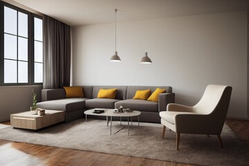 Elegant and comfortable designed living room with big corner sofa. Interior design modern apartment. Generative AI.