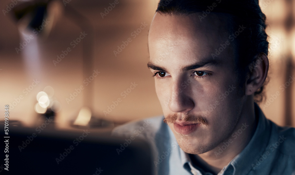 Aufkleber Computer, night research or programmer man for cybersecurity, app coding or data analysis in office. Hacker, developer or employee on tech for software code, programming or startup analytics review