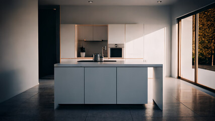 Modern Minimalist Kitchen Interior Design With Kitchen Island Table Created With Generative Ai