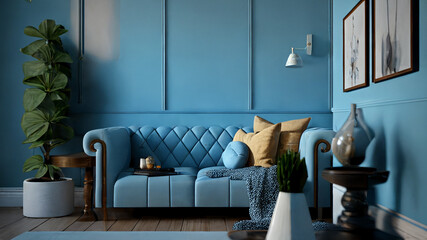 Blue Living Room Interior With Sofa Created With Generative Ai