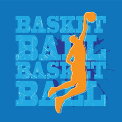 basketball player silhouette with slam dunk and grunge style