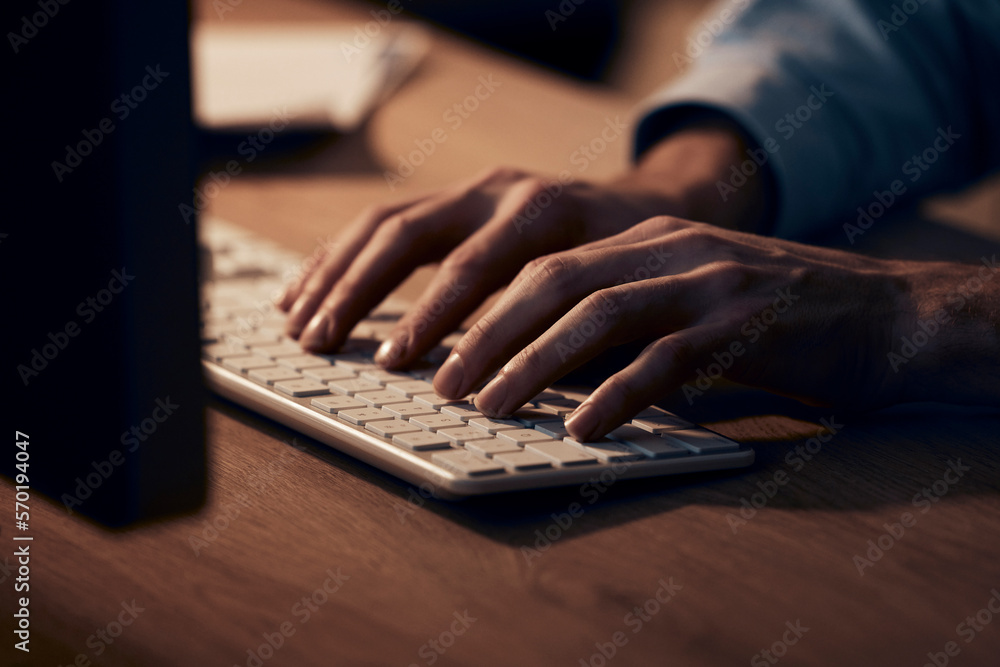 Poster hands, man and keyboard on computer at night for planning, data analysis and pc internet. closeup, t