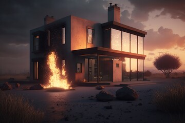 House or fire and Burning down, Home insurance concept. Generative Ai