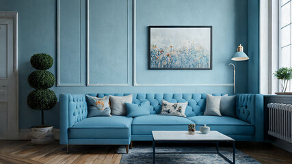 modern blue living room with sofa created with generative ai