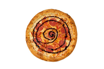 pepperoni pizza with bbq sauce top view