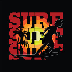 surfer silhouette with sunset text and beach background