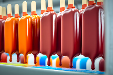 Fototapeta premium The conveyor automatic lines for the production of ice cream in chocolate glaze dripping down. Generative AI