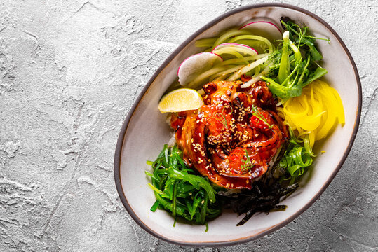 Salmon  with Rice and Vegetable in bowl. donburi