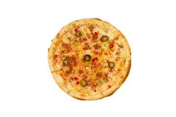 isolated spicy meat pizza for menu top view. italian cuisine, fresh pizza. Top flat lay view.