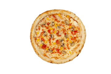 isolated veggie pizza for menu top view. italian cuisine, fresh pizza. Top flat lay view.