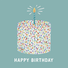 Happy birthday square card with a  colorful hand drawn cake with powder and a burning candle in pastel colors. Rainbow cake hand drawn watercolor illustration