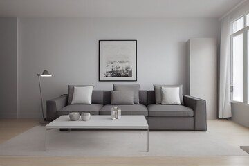 Fototapeta premium Elegant and comfortable designed living room with big corner sofa. Interior design modern apartment. Generative AI.