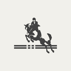 Equestrian athlete riding horse during show jumping competition,  black and white vector outline