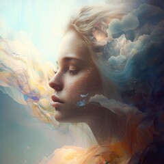 Beautiful dreamy girl floating in water with veils and waves. Digital Art Illustration
