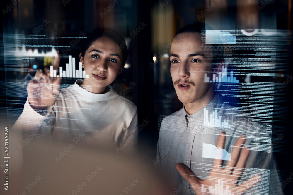 Fototapete Teamwork, cyber security and programmer with business people at night for augmented reality, developer and 3d hologram. Software, data and future with employee for coding, technology and digital