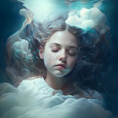 Beautiful dreamy girl floating in water with veils and waves. Digital Art Illustration