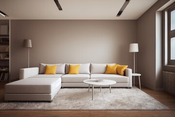 Elegant and comfortable designed living room with big corner sofa. Interior design modern apartment. Generative AI.