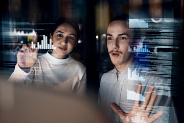 Teamwork, cyber security and programmer with business people at night for augmented reality, developer and 3d hologram. Software, data and future with employee for coding, technology and digital