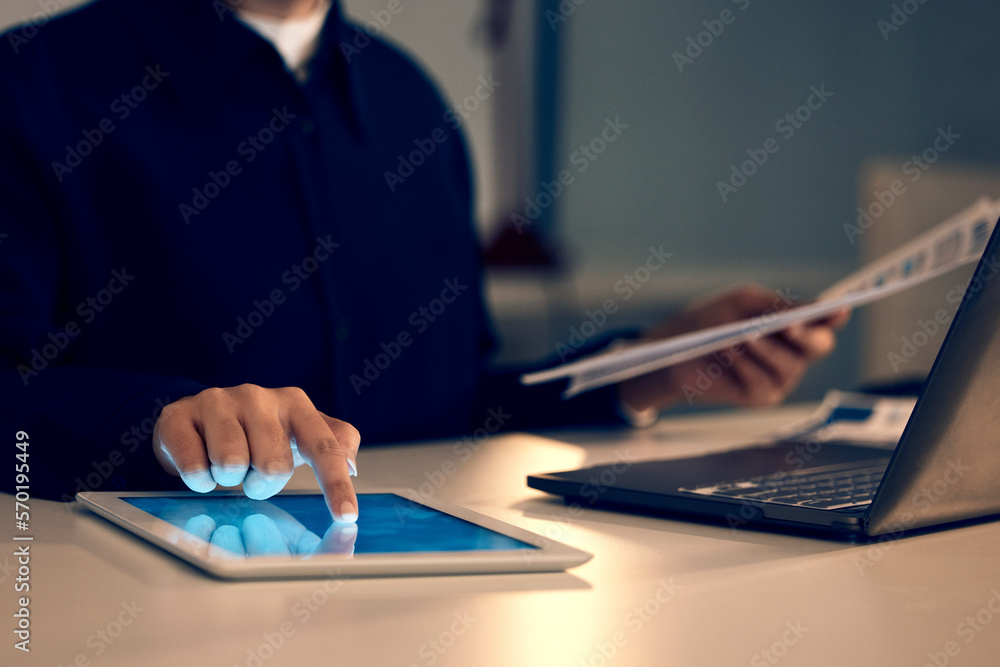 Poster Hand, tablet and laptop in night at office for research, analysis and web design at desk for tech innovation. Man, mobile touchscreen and iot with documents for goal, search and coding on website ui