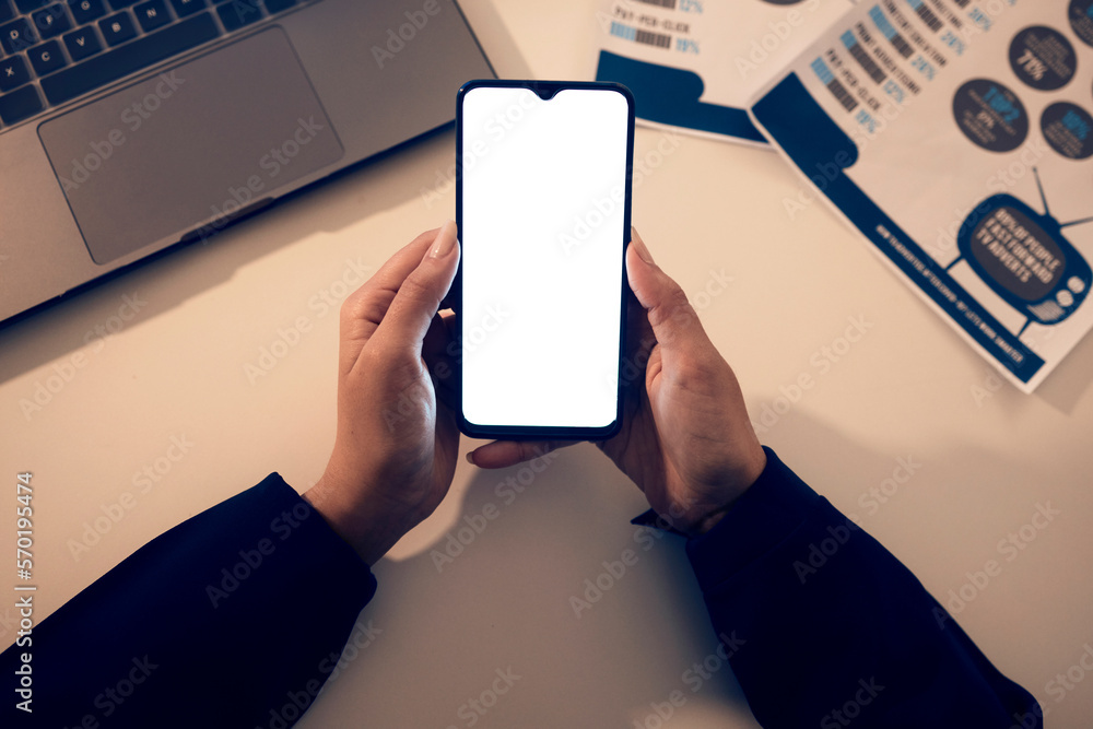Poster top view, hands and woman with phone mock up in office for branding, web browsing or social media. t
