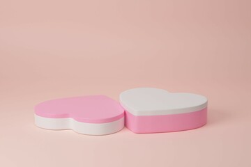 Two heart shaped podiums for Valentines day in 3D rendering. Product display with valentine’s day concept. Pink and white colors, Pedestal, Podium, Stand, 3D illustration.