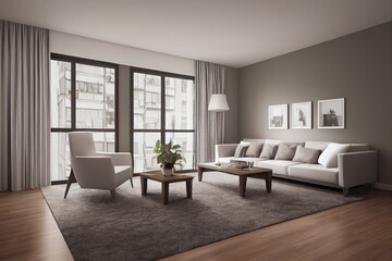 Elegant and comfortable designed living room with big corner sofa. Interior design modern apartment. Generative AI.