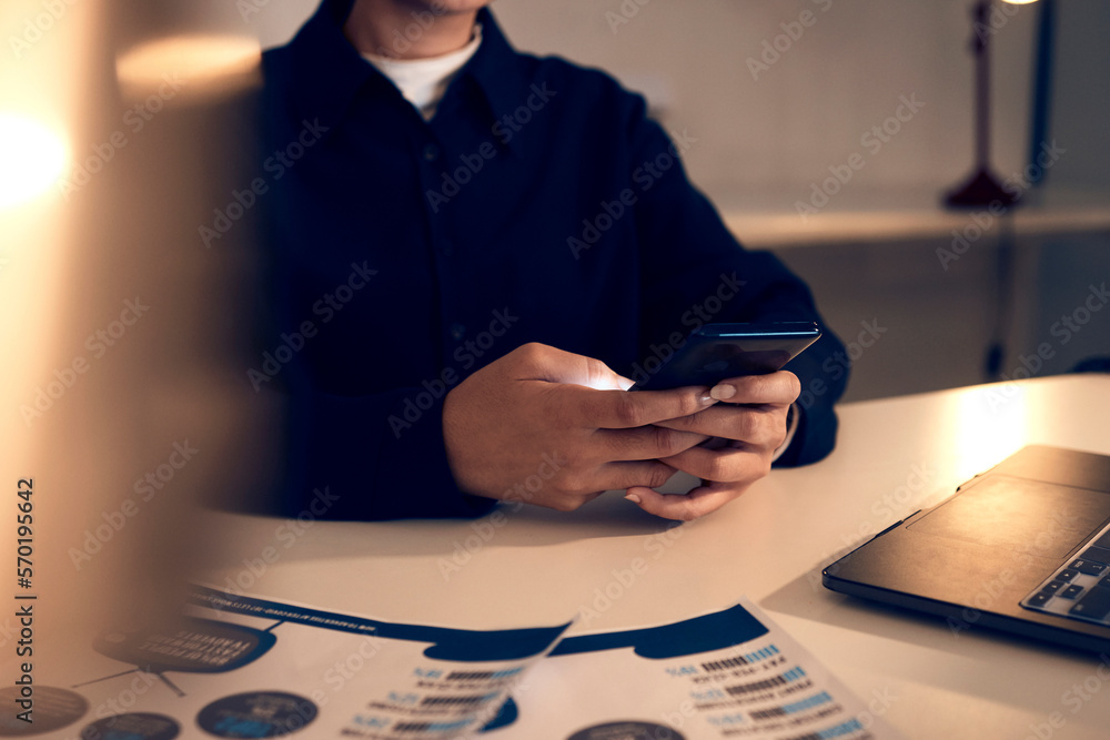 Aufkleber hands, business woman and phone in office for texting, web browsing or social media. technology, cel