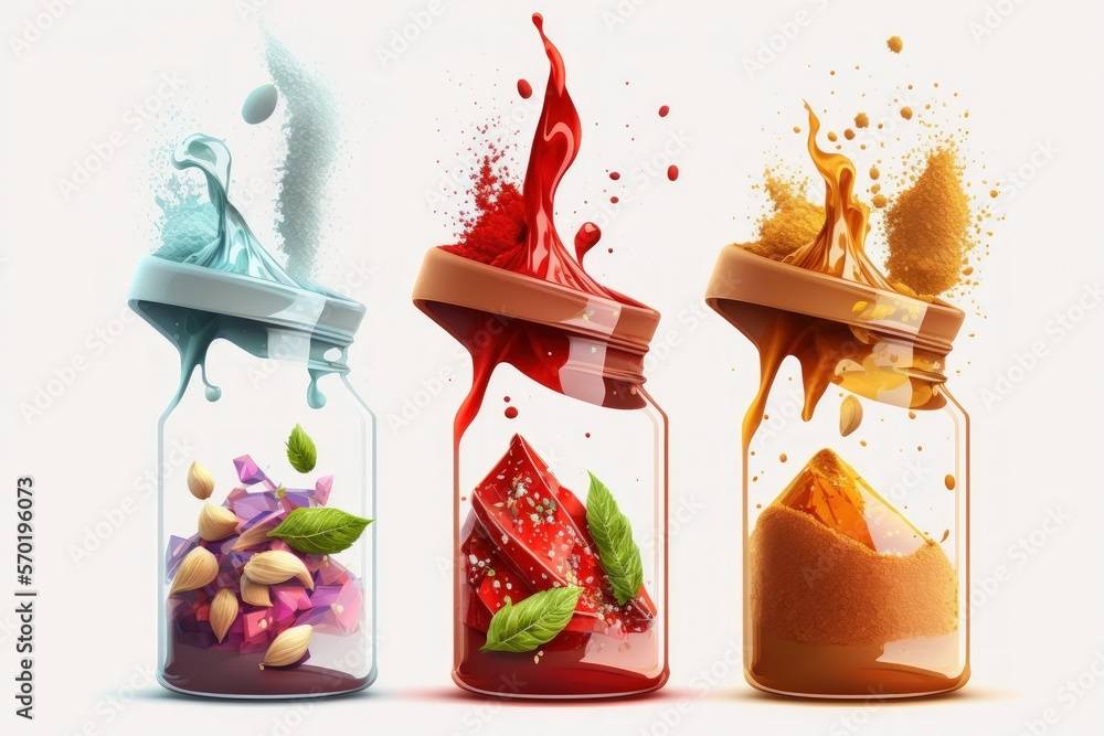 Poster eruption of condiments Glass jars filled with different spices soaring in the air, isolated on a white background. Generative AI