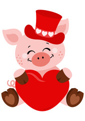 Adorable pig with red hat holding a valentine red heart
