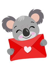 Loving koala holding a valentine letter envelope