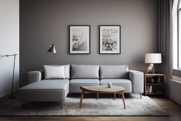 Fototapeta na wymiar Elegant and comfortable designed living room with big corner sofa. Interior design modern apartment. Generative AI.