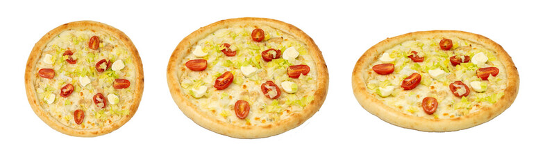 isolated caesar pizza for menu set of different views. italian cuisine, fresh pizza.