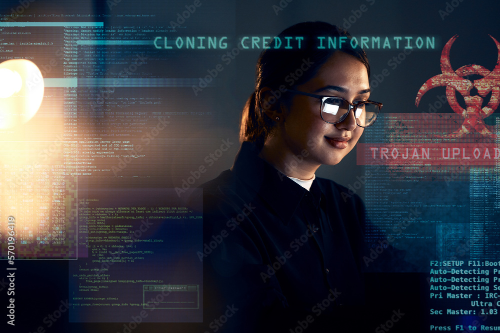 Aufkleber Cyber security, hacker and night with woman and coding for software, digital transformation and phishing. Cloud computing, matrix and website with programmer for password, technology or data hacking