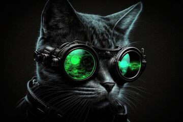 Spy Cat with nightvision glasses generative AI