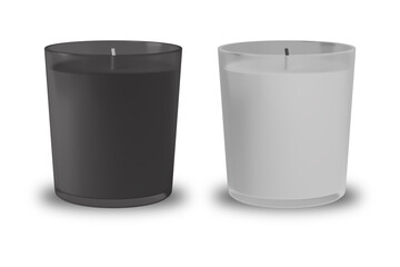 Black and white candles in transparent glass jar isolated, mock up for branding identity of product, advertising, presentation, design of packing. 3d rendering.
