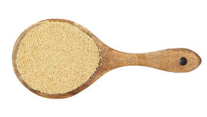 Amaranth uncooked seeds in wooden spoon isolated on white, top view