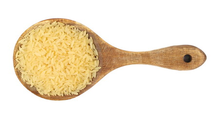 Parboiled uncooked rice pile in wooden spoon isolated on white, top view