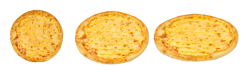 isolated cheese pizza for menu set of different views. italian cuisine, fresh pizza.