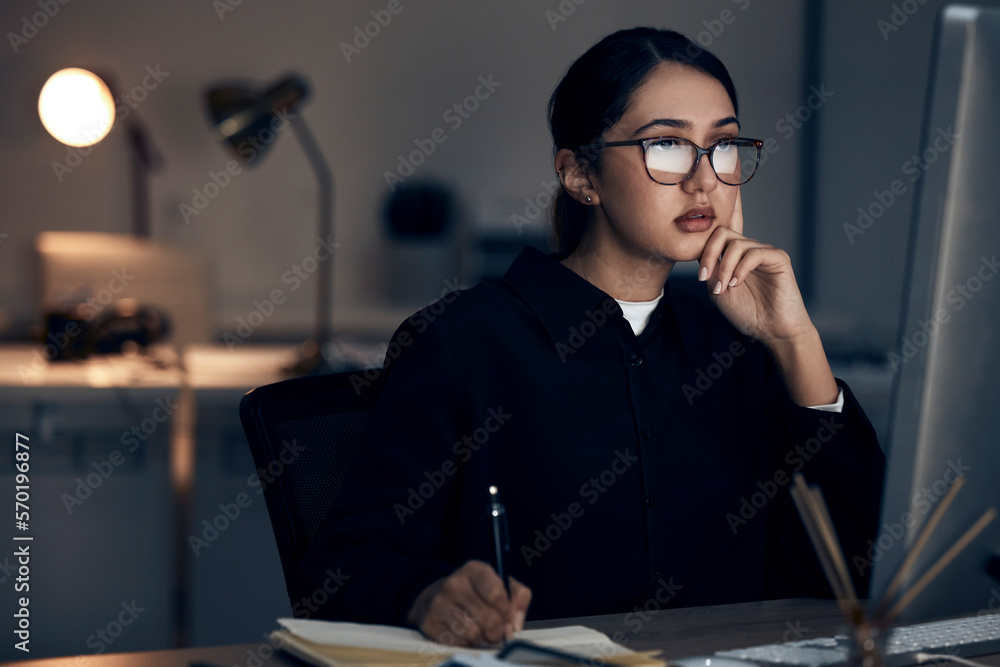 Poster woman, night office and writing at computer for seo planning, research or agenda in dark startup. fe