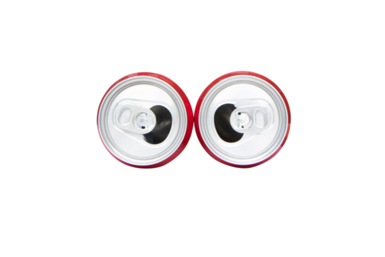 Aluminum red can soda or soft drink beverage. Top view. Open lid and drink. It is an aluminum can that is used to contain soft drinks that are popular all over the world. Isolated on cutout PNG.
