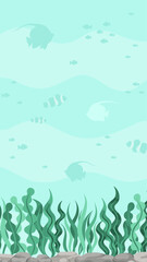 Fototapeta na wymiar Underwater scene with fishes and seaweed. Marine life vector design template. Backgrounds with copy space for text for banners, social media stories