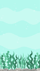 Underwater scene with seaweed backdrop. Marine life vector design template. Backgrounds with copy space for text for banners, social media stories