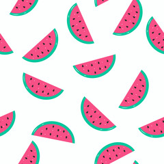 Seamless summer pattern with watermelons on a blue background. Vector stock illustration. Fruits and vegetables. Food. Print and trendy design. Vitamins. Juicy and bright style. Wrapper for paper.