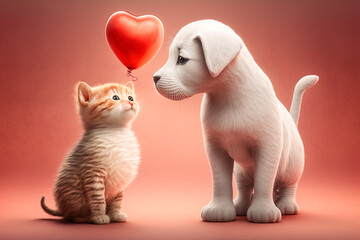 Cute dog and cat with valentine heart shape balloon on red background. Photograph of Valentine's day card with adorable dog and cat. Generative AI