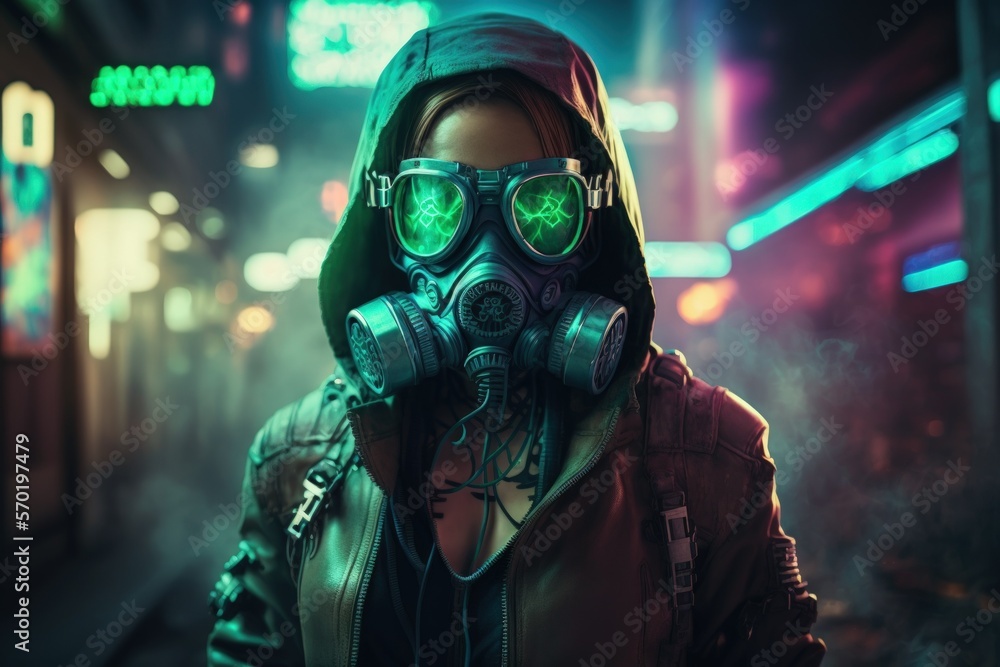 Wall mural a stylish cyberpunk girl wearing a leather hooded jacket is sporting a gas mask with safety goggles  - Wall murals