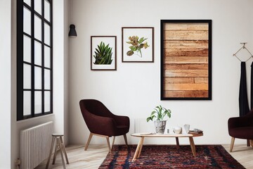 Mockup frame in interior background, room in warm tone, Scandi-Boho style, Generative AI