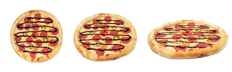 pepperoni pizza with bbq sauce and jalapeno three different view of pizza for a menu