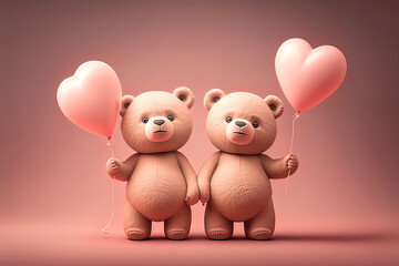 Cute teddy bear couple holding valentine heart shape balloon on pink pastel background. Photograph of Valentine's day card with adorable bears. Generative AI
